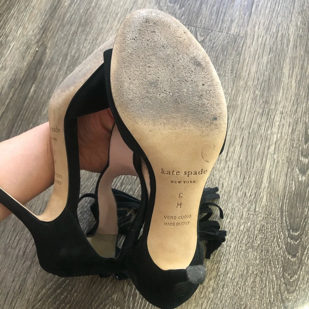 kate spade Black Suede Tassel T-Strap Stiletto Heels